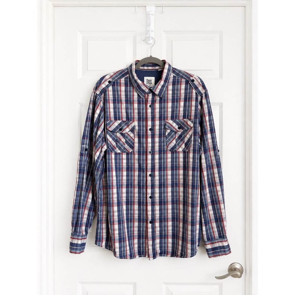 Paper Denim & Cloth Plaid Button Down Shirt Utility Workwear Roll Tab Size XL